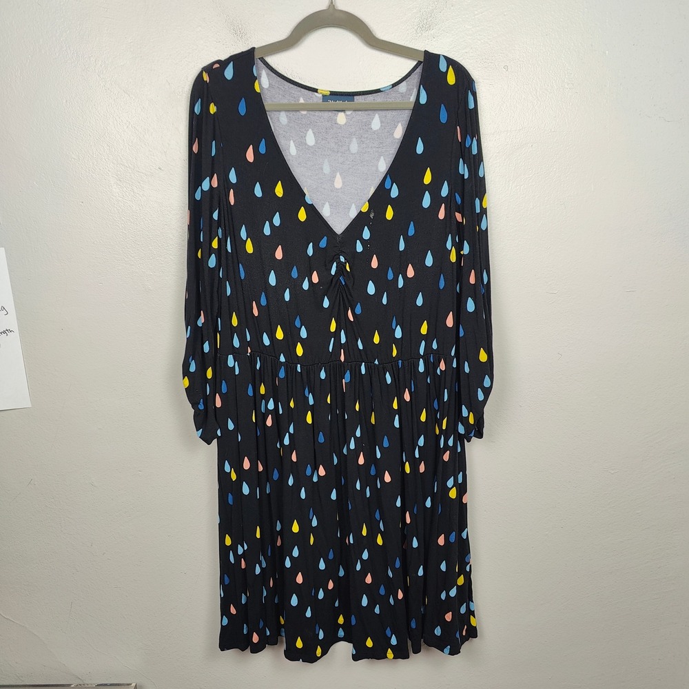 ModCloth Dress Womens Plus Size 1X Black Raindrop Print V Neck Midi - Picture 2 of 11